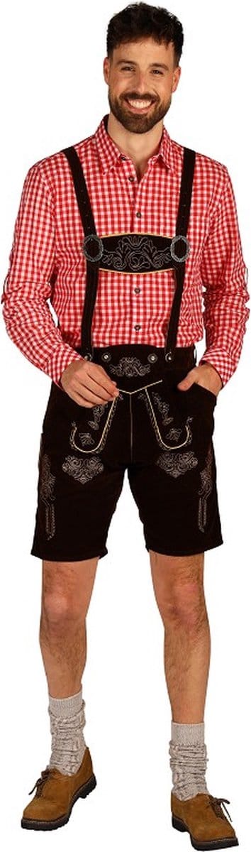 Oktoberfest Lederhosen - Jonas - Velvet - Kort Model Donkerbruin - Maat 50 - M