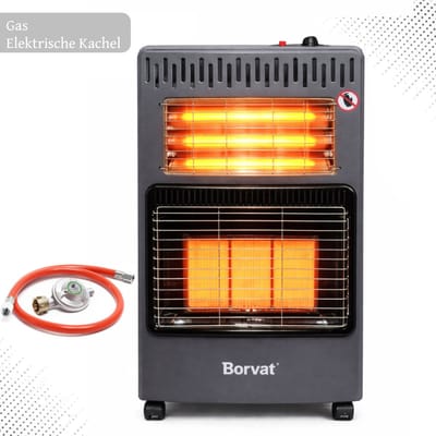 Borvat® – Opvouwbare Gas- en Elektrische Kachel – 4200 kW – warmtestraler met piëzo – ontsteker butaan – Met Wielen – 3 Standen – Voor Binnen & Beschutte Buitenruimtes