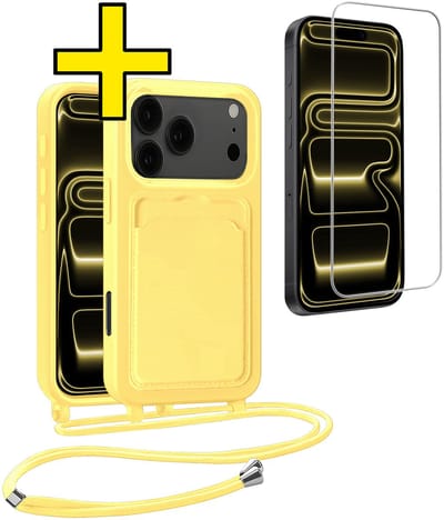 Hoesje Geschikt voor iPhone 17 Pro Telefoonhoesje Met Koord Case Pashouder Met Screenprotector Siliconen - Hoes Geschikt voor iPhone 17 Pro Hoesje Met Kaarthouder - Geel