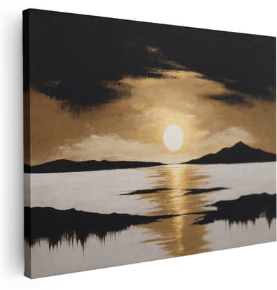 Artaza Canvas Schilderij Zonsondergang Boven Rustig Meer - Zwart Goud Landschap - 120x90 cm - Groot - Wanddecoratie Woonkamer - Schilderijen - Muurdecoratie