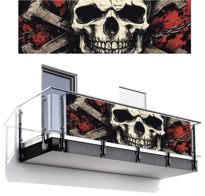 Balkonscherm 300x95 cm - Balkonposter Schedel - Kettingen - Rood - Balkon scherm decoratie - Balkonschermen - Balkondoek zonnescherm