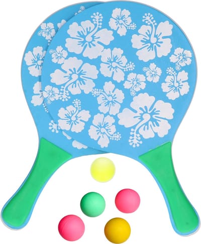 Summertime Beachball set - hout - blauw - strand sport speelset - met 5x balletjes
