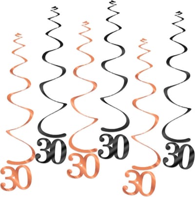 Q2Party - 30 Jaar Swirl - Slinger - Leeftijd - Versiering - Verjaardag - decoratie - Feest - Hangdecoratie - Rose Goud/Zwart – 6 stuks