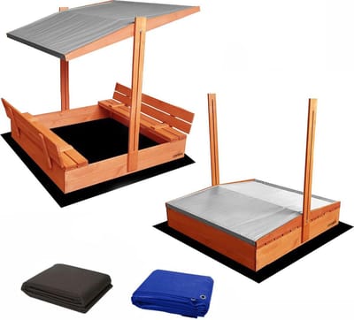 Afsluitbare Zandbak met Dak 120x120 cm – Gecertificeerd & Geïmpregneerd Hout | Incl. AFDEKZEIL, GRONDDOEK & Montagevideo | Voor 1-2 Kinderen | Grijs