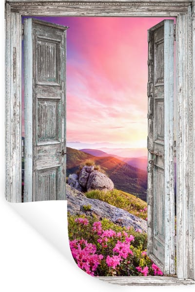 Muurstickers - Sticker Folie - Bergen - Landschap - Doorkijk - Bloemen - 20x30 cm - Plakfolie - Muurstickers Kinderkamer - Zelfklevend Behang - Zelfklevend behangpapier - Stickerfolie
