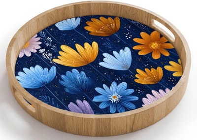 Dienblad rond 40x40 cm - Schootdienblad hout - Bloemen - Patroon - Blauw - Contrast - Borrelplank rechthoek - Plateau houten dienbladen