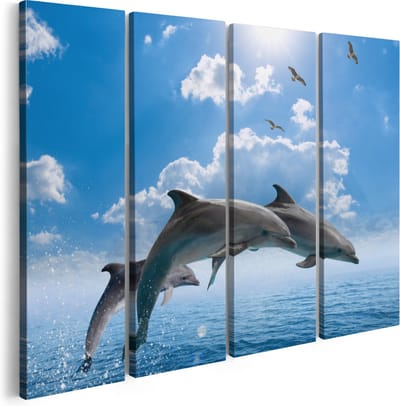Artaza Canvas Schilderij Vierluik Dolfijnen Springen uit de Blauwe Zee - 160x120 - Groot - Foto Op Canvas - Canvas Print