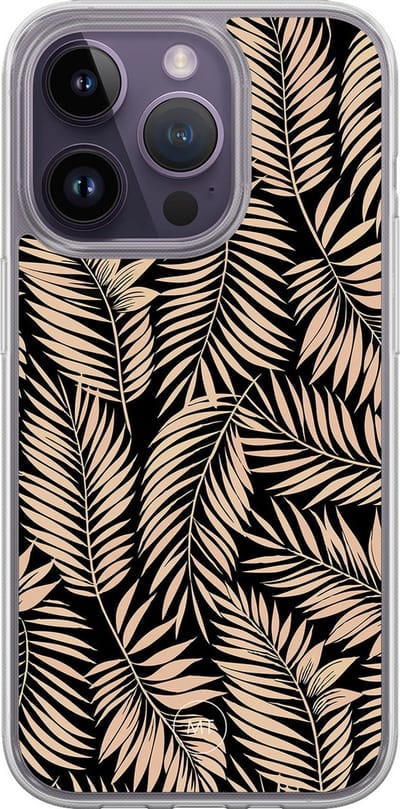 Hybride hoesje geschikt voor iPhone 14 Pro - Palm silhouette - Extra bescherming - Luxe beschermhoes - TPU case - Transparant, Zwart, Goud - Mooie Telefoonhoesjes