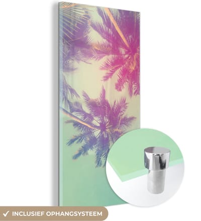 MuchoWow® Glasschilderij 20x40 cm - Schilderij acrylglas - Palmbomen - Palmbladeren - Palm - Zomer - Tropisch - Foto op glas - Schilderijen
