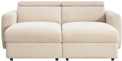 Vente-unique Driezitsbank met elektrische relaxfunctie en diepe zitting in beige stof BERALDA