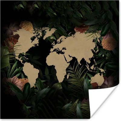 Poster 30x30 cm - Wereldkaart - Bloemen - Beige - Posters - Kamer decoratie - Wanddecoratie woonkamer - Muurdecoratie slaapkamer