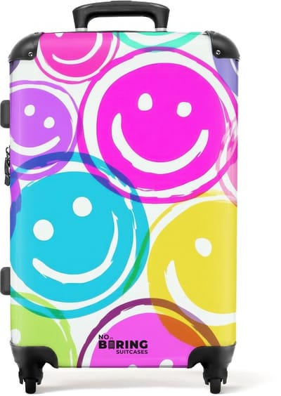 NoBoringSuitcases.com - Grote koffer - Gekleurde smiley's op een witte achtergrond - Kinderkoffer geschikt voor jongen en meisjes - Reiskoffer met 4 wielen - Trolley op wieltjes - Rolkoffer groot kinderen - 72 liter - Ruimbagage valies 20kg