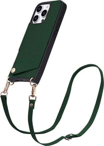 CaseBoutique Backcase hoesje geschikt voor iPhone 16 Pro - Effen Groen - Kunstleer - met Crossbody Koord & Pashouder