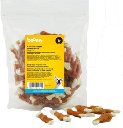 Boomy - Hondensnacks - Hondensnoepjes - Knapperig kauwbot hond - Calciumbotjes met kip - 500g