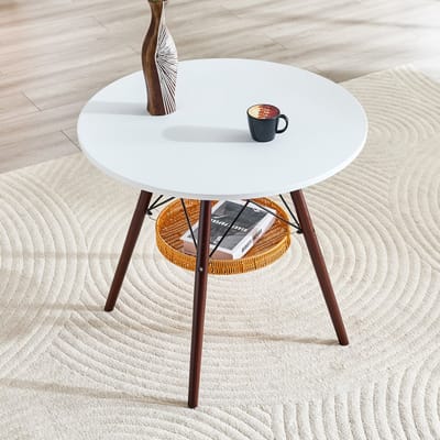 OKWISH Ronde Eettafel - Compact Voor 2 Tot 4 Personen - Met Opbergmand - Massief Hout En Wit MDF - 80 Cm