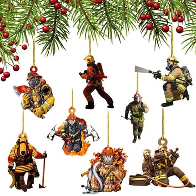Dailygoods - 8 stuks hangers brandweerman kerstdecoratie, brandweerhanger, kerstversiering brandweer, kerstboomdecoratie brandweerman