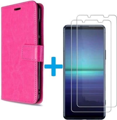 hoesje Geschikt voor: Sony Xperia 5 II book case roze met 2 stuks Glas Screen protector