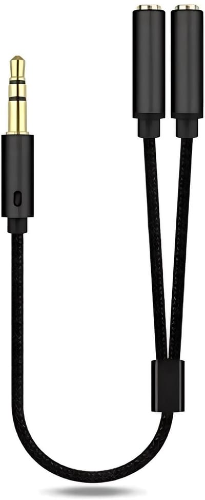 Nereb - 3,5 mm Audio Splitter Kabel – Aux naar 2x 3,5 mm Jack Female – Koptelefoon Splitter – Zwart Gevlochten – Geluidsverdeler voor Muziek, Oortjes, Headsets, Speakers – Geschikt voor Laptop, Smartphone & Tablet