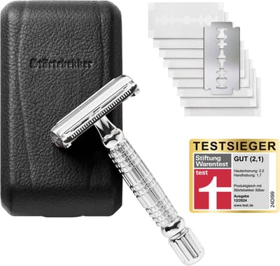 Störtebekker® Premium Safety Razor 'Hamburg' (Zilver) - incl. leren etui (Zwart) en 10 scheermesjes - Scheerset Unisex - Scheermes / Veiligheidsscheermes - Double Edge / Single Blade Razor Zero Waste