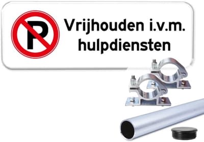 Parkeerbord Vrijhouden i.v.m. hulpdiensten - Weerbestendig Aluminium - 40x15 cm - Bevestiging: Met paal 120 cm + paalbeugels + paaldop