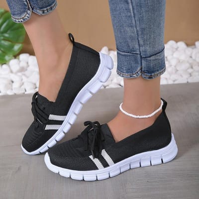 Gestreept gebreide mesh platte schoenen voor dames Zomer veters casual sneakers vrouw zachte zool ademende loafers plus size 43 38 black