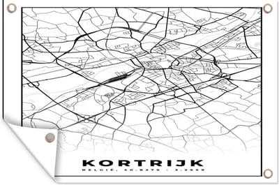 Muurdecoratie Stadskaart – Zwart Wit - Kaart – Kortrijk – België – Plattegrond - 180x120 cm - Tuinposter - Tuindoek