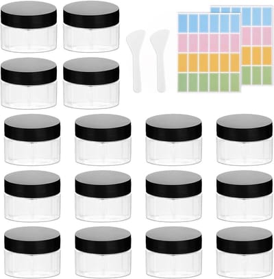 Set van 16 transparante potjes van 50 ml met zwarte deksel, spatula en labels voor crèmes, cosmetica, DIY-projecten en mini kaarsen