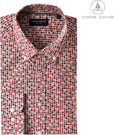 Chris Cayne heren overhemd - lange mouw - M - offwhite/rood/zand/donkerblauw - geprint dessin - button down kraag - borstzak