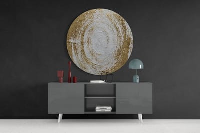 Rond Glasschilderij – Abstract Goud en Wit Textuur – Luxe Moderne Wanddecoratie - 60cm