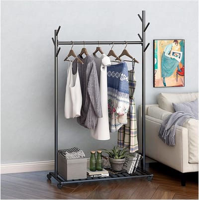 Kledingrek - Kledingstandaard - Kleding Opbergen - Met Wielen en Plank - 60cm - Zwart