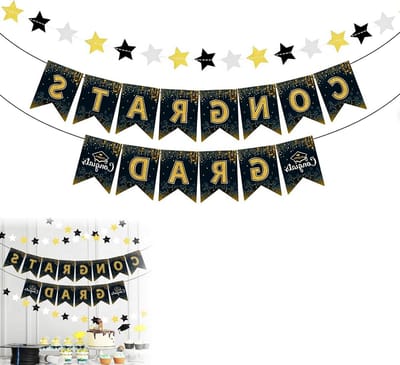 Abschlussfeier Banner Set – Zwart-Goud “Congrats Grad” Slinger met 2,5m Sterrenlint voor Stijlvolle Graduation Decoratie