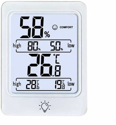 Digitale thermo-hygrometer met groot LCD scherm – binnen thermometer en luchtvochtigheidsmeter met comfortindicatie, max/min geheugen en achtergrondverlichting – wit
