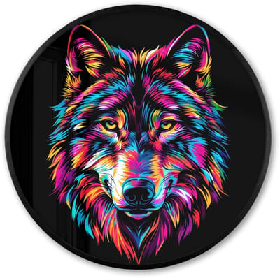 Poster in lijst Rond - Fotolijst 60x60 cm - Posters - Wolf - Kleurrijk - Zwart - Dieren - Neon - Ronde posterlijst zwart - Decoratie - Wanddecoratie woonkamer - Muurdecoratie slaapkamer