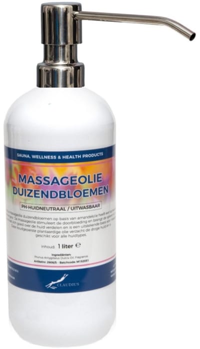 Massageolie Duizendbloemen 1 liter met zilveren pomp - 100% natuurlijk - biologisch en koud geperst