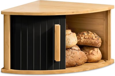 Famanu - Broodtrommel houten hoekbroodtrommel met schuifdeur voor keukenaanrecht, zwart