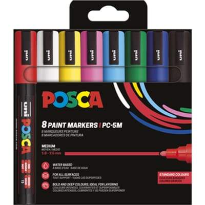 Wit - Zwart - Rood - Donkerblauw - Geel - Donkergroen - Roze - Lichtblauw set van 8 verfstift op waterbasiss met conische punt medium
