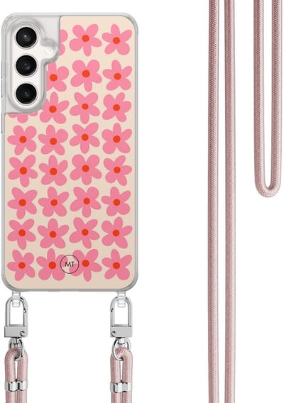 Hoesje met koord geschikt voor Samsung Galaxy S24 FE - Retro blooms - Inclusief Rosegoud koord - Crossbody beschermhoes - Transparant, Roze - Mooie Telefoonhoesjes