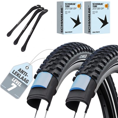 2-delige Set Schwalbe Fietsbanden Marathon Plus MTB 27,5 inch x 2,25 (57-584) buitenband + Hollands/Dunlop ventiel binnenband en 3 metalen MSZweirad bandenlichters voor eenvoudige wisseling van banden