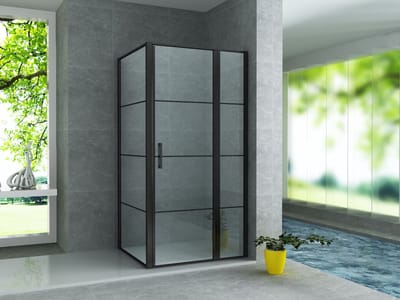 ALONI Douchecabine met Draaideur, Vast Wandje en Zijwand – 80x120x200 cm – 8 mm Veiligheidsglas – Mat Zwart – Helder Glas met Zwart Raster – Omkeerbaar