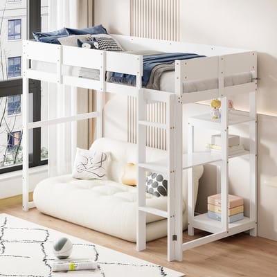 Sweiko Hoogslaper - 90 x 200 cm - Kinderbed - Opbergplank - Grenenhout + MDF - Wit