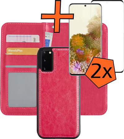 Hoes - 2 in 1 - Geschikt voor Samsung Galaxy S20 - Met 2x Screenprotector - En Uitneembare Hard Cover - Bookcase - Wallet Case - Met Pasjeshouder - Book Case - Uitneembaar - Pashouder - Kunstleer - Donkerroze