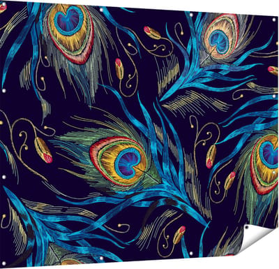 Gards Tuinposter Getekende Pauw Veren Achtergrond - 150x120 cm - Tuindoek - Tuindecoratie - Wanddecoratie buiten - Tuinschilderij