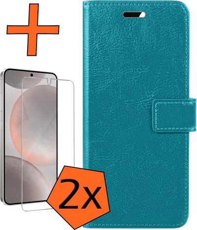 Hoes - Met 2x Screenprotector - Geschikt voor Samsung Galaxy S24 - Luxe Pasjeshouder - Bookcase Portemonee - Flip Case - Kunstleer Book Case - Flipcase Hoes - Book Cover - Walletcase - PortemonneeHoes - Turquoise