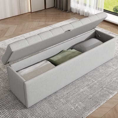 Linnen Sofa - Opbergbank Poef - Extra Zitplaats - Grote Opbergruimte - 141 cm Lengte - Lichtgrijs