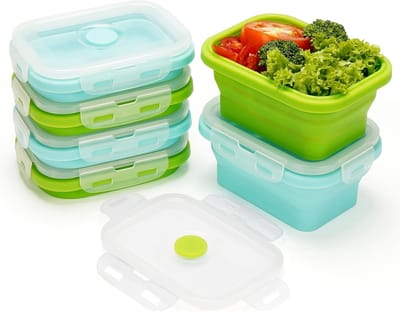 Famanu – 6 stuks inklapbare siliconen voedselopslagcontainers met deksels, 350 ml, BPA-vrij, luchtdicht, magnetron-, vaatwasser- en diepvriesgeschikt