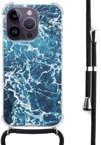 Hoesje met koord - Geschikt voor iPhone 14 Pro Max - Oceaan - Verstelbaar zwart koord - Transparant, Blauw - Natuur - Leuke Telefoonhoesjes