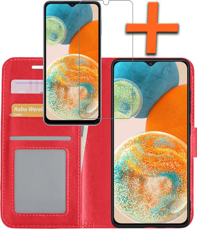 Hoes - Met Screenprotector - Geschikt voor Samsung Galaxy A23 - Luxe Pasjeshouder - Bookcase Portemonee - Flip Case - Kunstleer Book Case - Flipcase - Book Cover - Walletcase - PortemonneeHoes - Rood