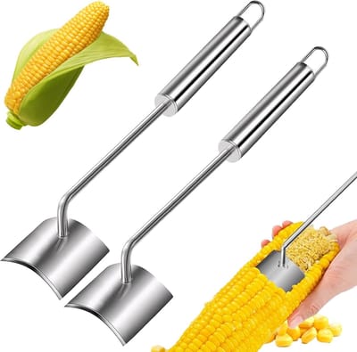 Maïskolf-dunschiller - roestvrijstalen maïskolf-stripper - nieuwe maïskolf-snijder - met lange steel om maïs van de kolf te snijden - gemakkelijk te reinigen maïskolf-dunschiller - voor thuiskeuken en buiten dineren - 2 stuks