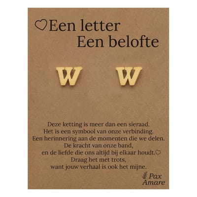 Initiaal Oorbellen met Letter W op Cadeau Kaartje - Een letter, een belofte - Goudkleurig - Naam Sieraad Cadeau - Roestvrij Staal Oorknopjes - Pax Amare