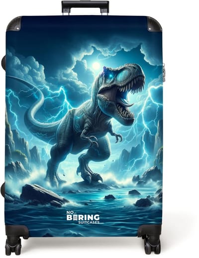 NoBoringSuitcases.com® - Koffer groot - Reiskoffer lichtgewicht - Illustratie van een dino in blauwtinten - Rolkoffer met 4 wielen - Grote trolley XL - 98 liter bagage